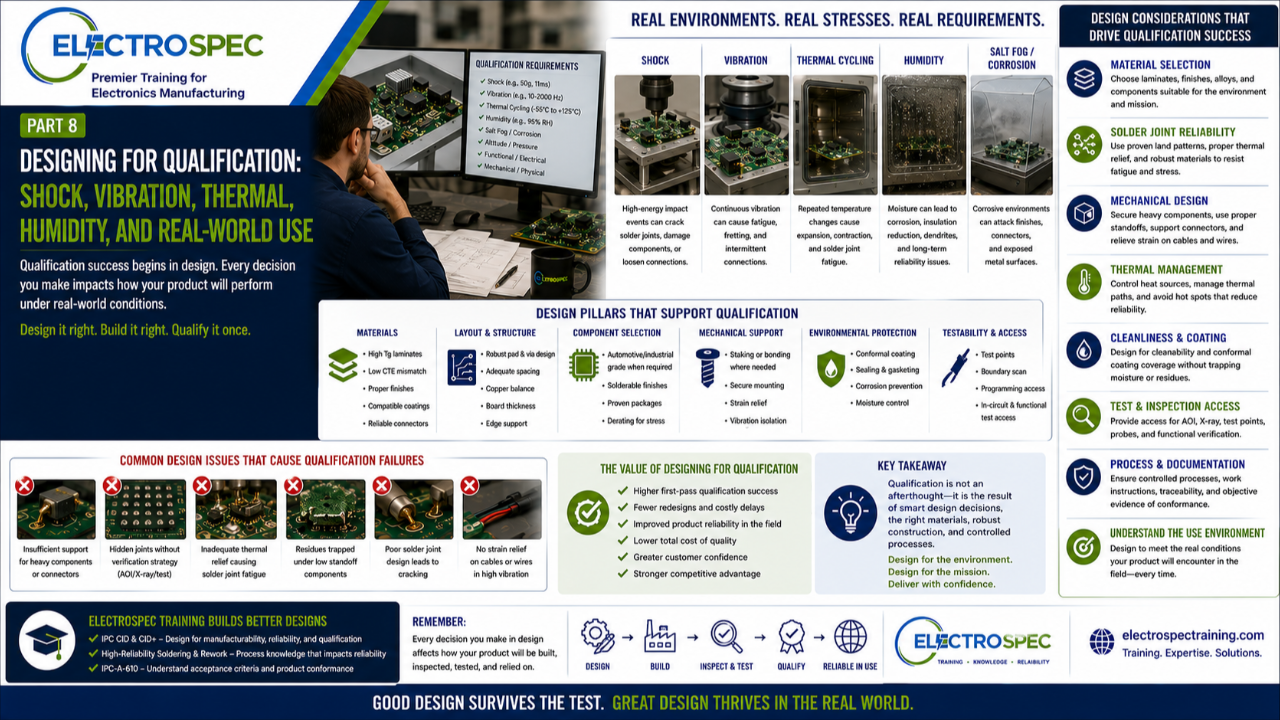 PCB design engineer reviewing environmental qualification requirements including shock, vibration, thermal cycling, humidity, and reliability testing