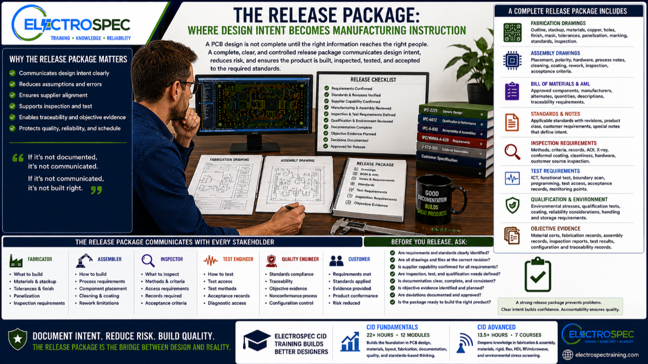 PCB designer preparing a complete release package with fabrication drawings, assembly drawings, standards callouts, material requirements, inspection notes, test requirements, and manufacturing instructions