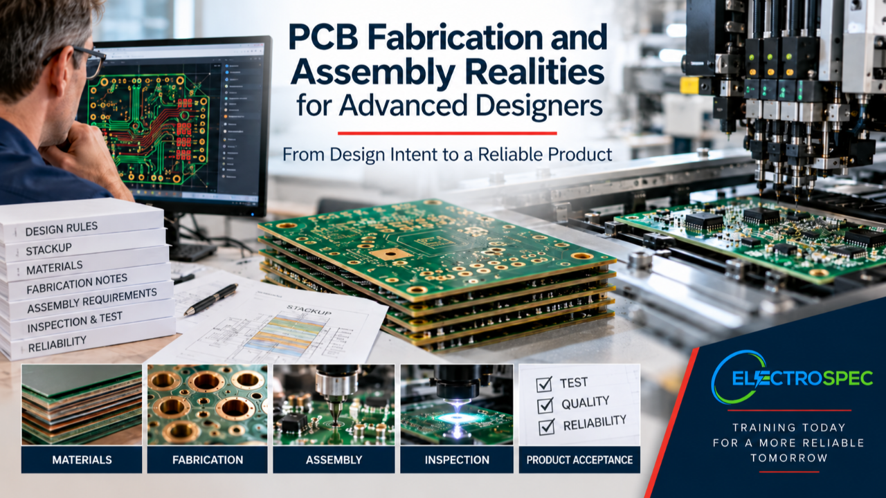 PCB designer reviewing fabrication and assembly requirements, materials, stackup, soldering processes, inspection access, and manufacturability before releasing an advanced PCB design
