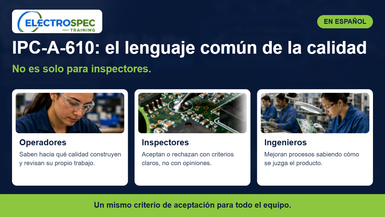 Equipo de manufactura electrónica revisando un ensamble con criterios IPC-A-610