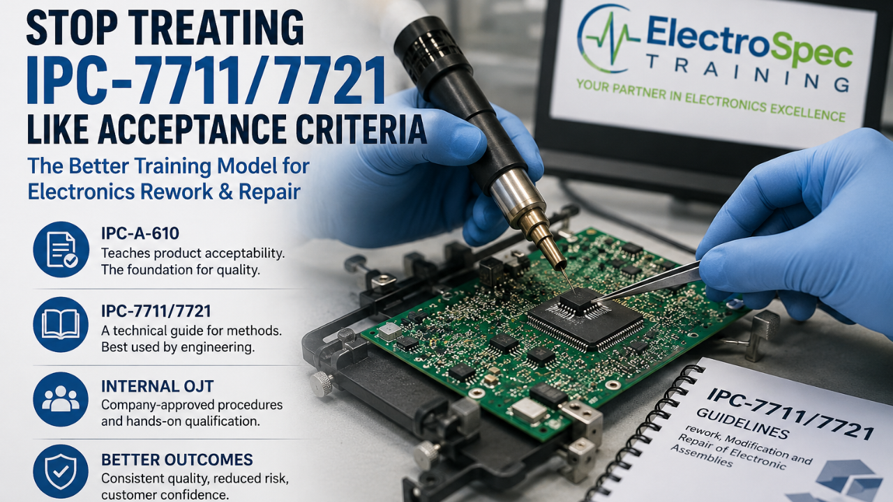 Electronics rework and repair training model using IPC-A-610 acceptance criteria and engineering-controlled procedures.