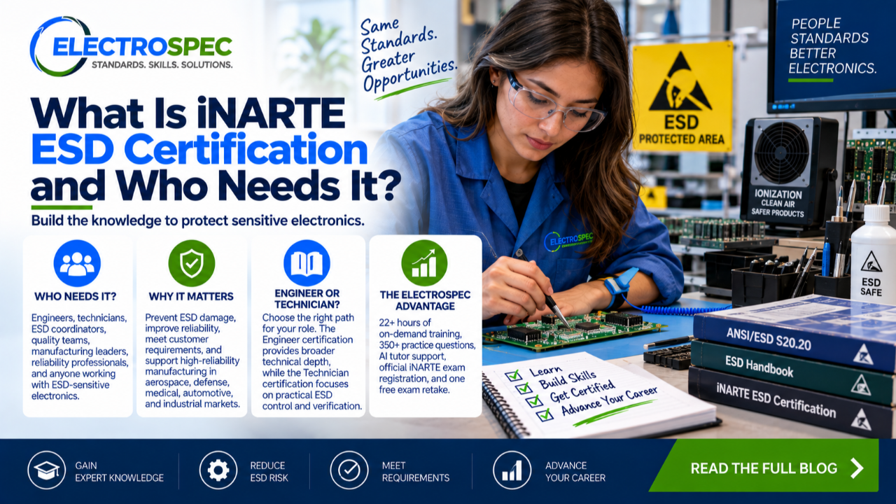 ESD student reviewing iNARTE ESD certification options with an ESD workstation, protected circuit board, wrist strap, grounding tools, and ElectroSpec online training