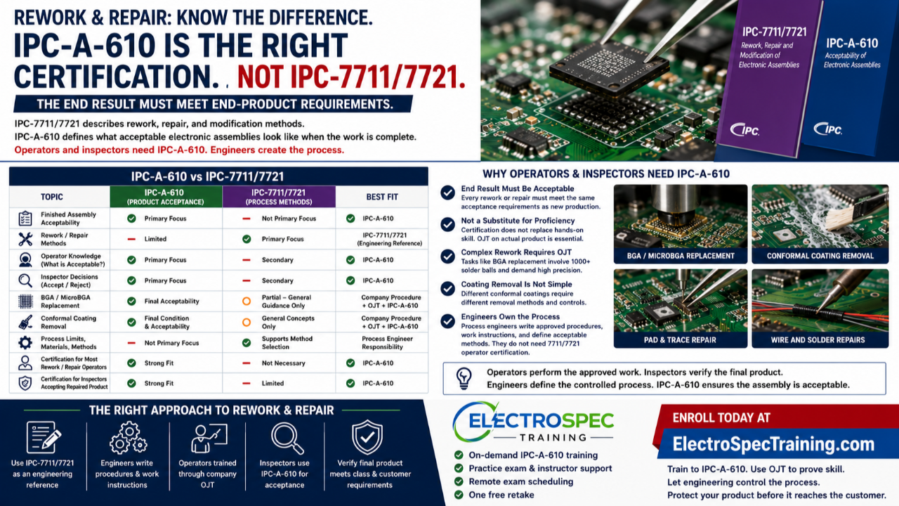 IPC-A-610 certification for rework and repair operators and inspectors, showing final product acceptance after rework, repair, BGA replacement, and conformal coating removal.
