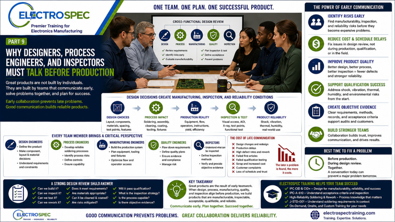PCB designer, process engineer, and inspector reviewing manufacturability, soldering process, inspection access, and reliability requirements before production