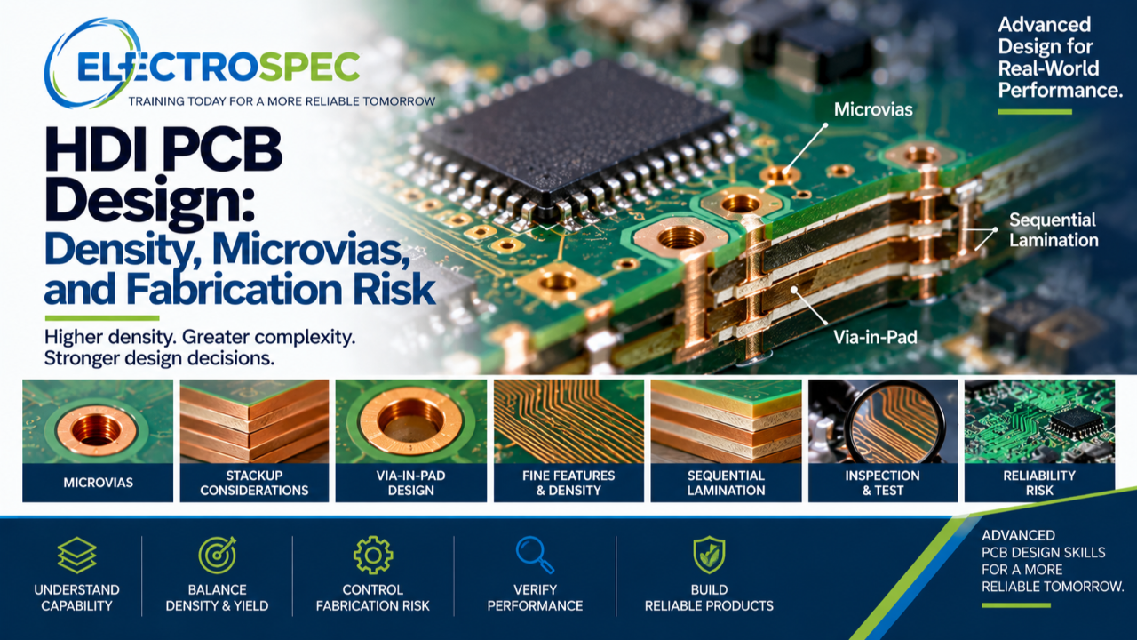 PCB designer reviewing HDI PCB design considerations including microvias, via-in-pad, sequential lamination, fine lines, stackup, fabrication capability, and reliability risk