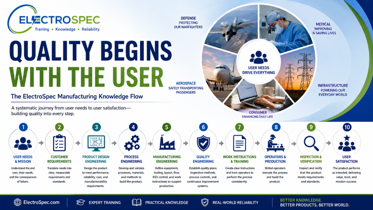 Electronics Manufacturing Knowledge Flow from user needs through engineering, production, and customer satisfaction.