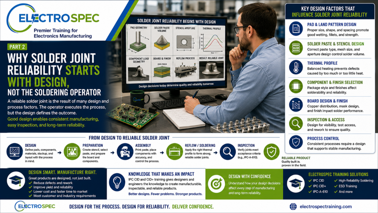 PCB design engineer reviewing solder joint reliability factors including pad geometry, solder paste, stencil design, and reflow profile