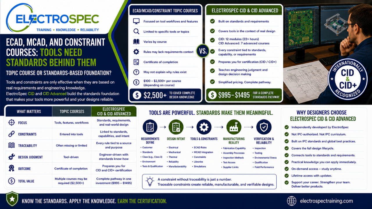 PCB designer comparing ECAD MCAD and constraint topic courses with ElectroSpec CID and CID Advanced standards-based certification training