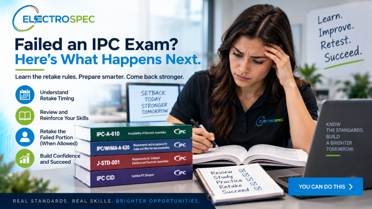 Student reviewing IPC exam retake rules, failed portions, cool-down periods, study plan, certification portal, and testing schedule