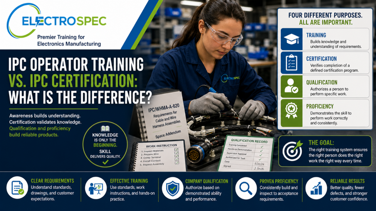 Electronics operator reviewing IPC requirements and company work instructions during cable harness assembly training
