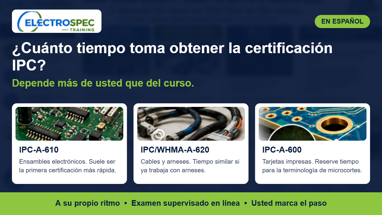 Técnico estudiando para el examen de certificación IPC en una computadora portátil