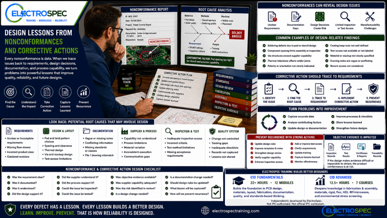 PCB designer reviewing nonconformances, supplier findings, corrective actions, inspection records, test failures, and design feedback to improve PCB layout and documentation