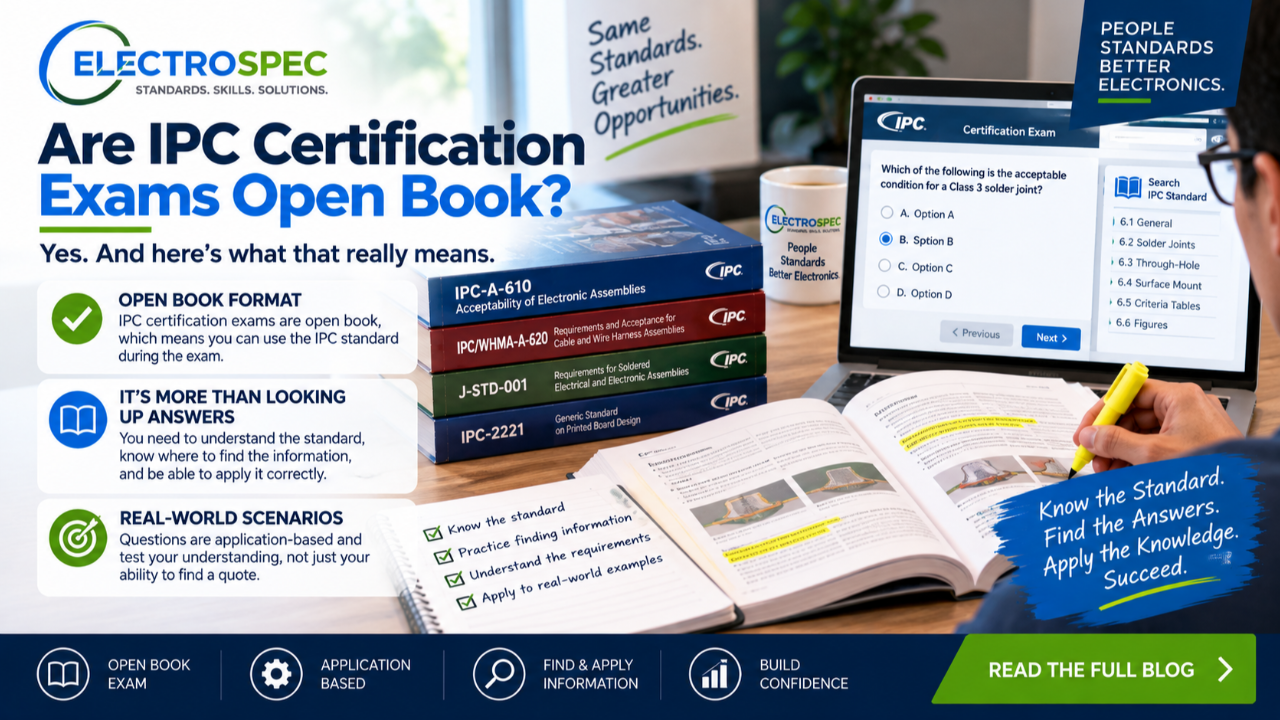 Student reviewing IPC certification exam rules, standards, allowed materials, proctor instructions, online testing setup, and study preparation