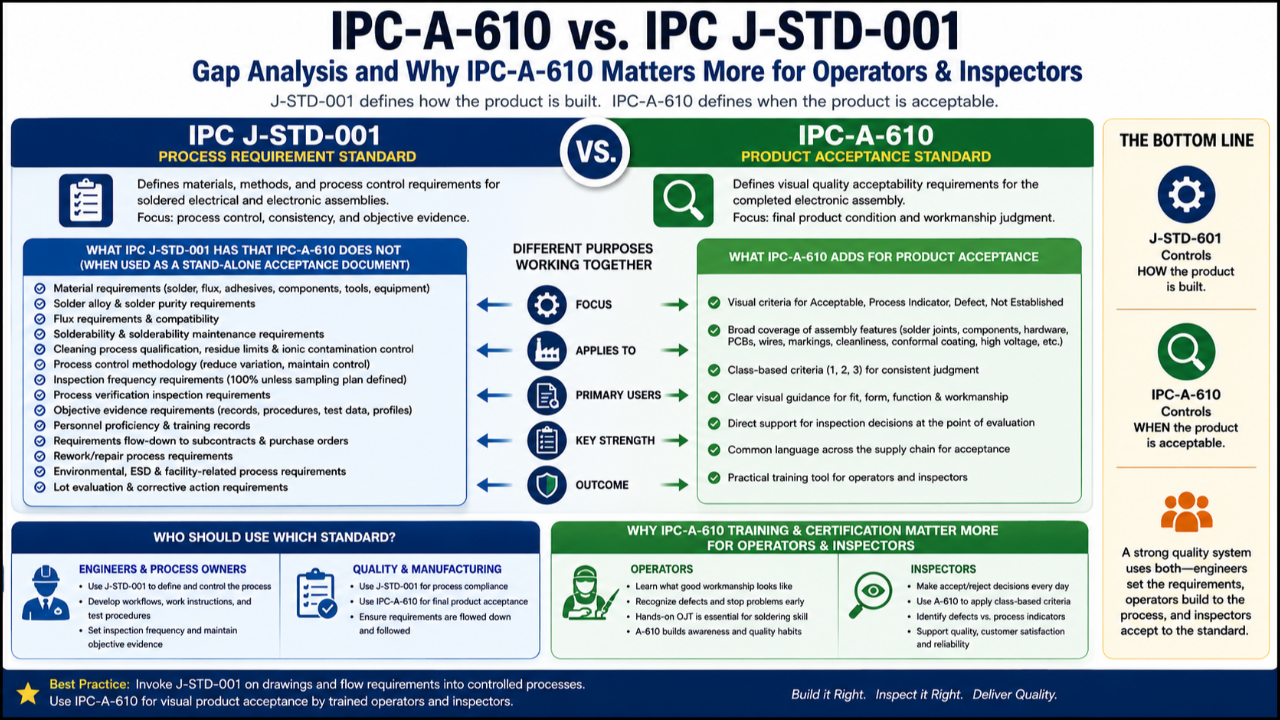 Infographic comparing IPC-A-610 product acceptance training with IPC J-STD-001 process requirement controls for electronics manufacturing.