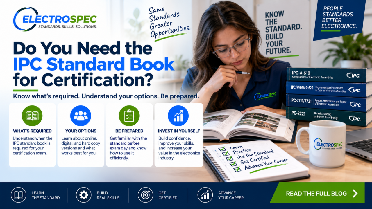 Student reviewing IPC standards, digital standard access, hard copy reference materials, exam preparation notes, and certification study checklist