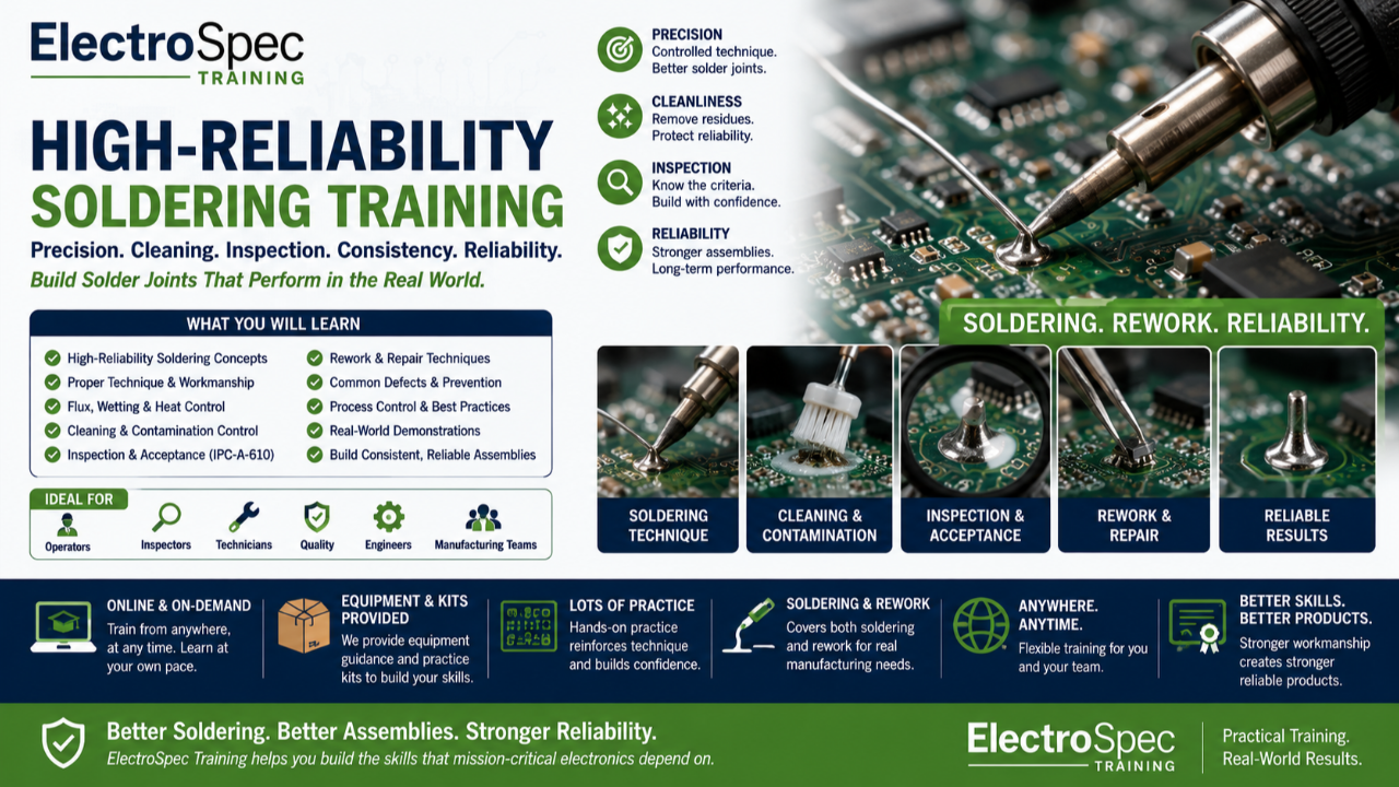 High-reliability soldering training for electronics manufacturing, showing precision soldering, cleaning, inspection, rework, repair, and reliable electronic assemblies.