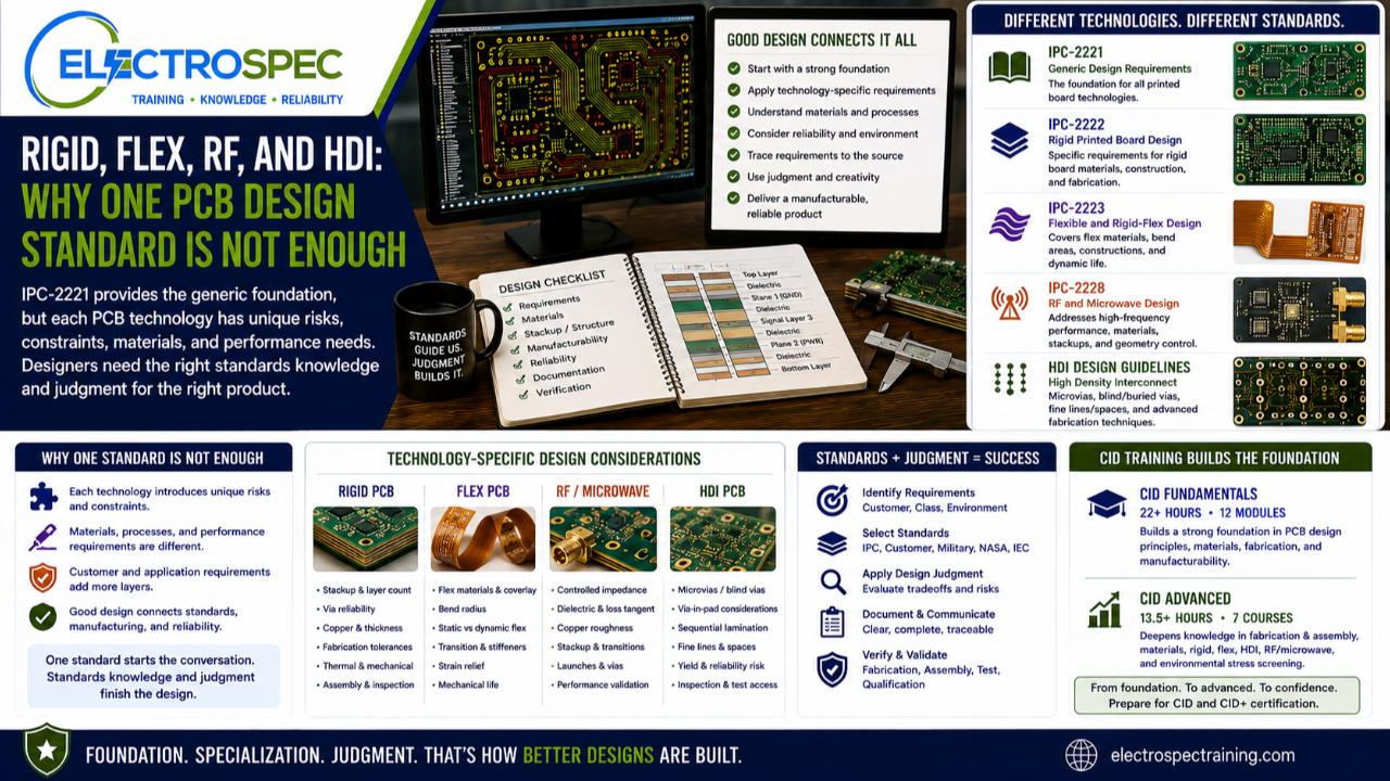 PCB designer reviewing rigid, flex, RF, and HDI PCB design requirements while comparing standards, materials, fabrication methods, and reliability concerns