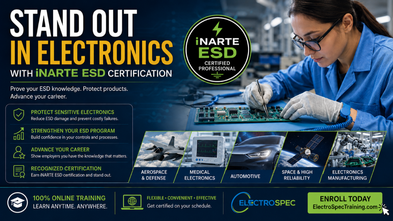 iNARTE ESD certification training for electronics manufacturing, ESD control, quality, test, and high-reliability production.