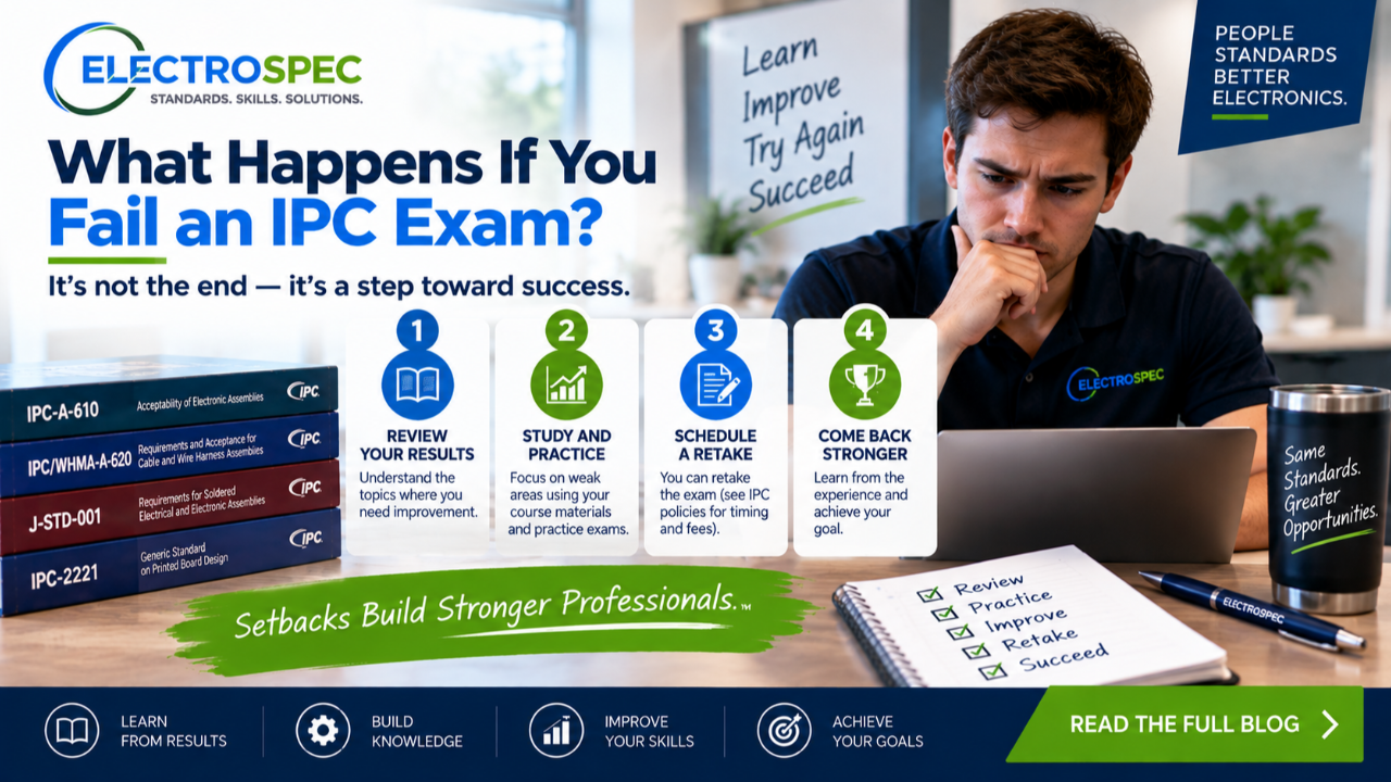Student studying for IPC certification with standards, online training modules, practice questions, exam checklist, notes, and electronics manufacturing examples