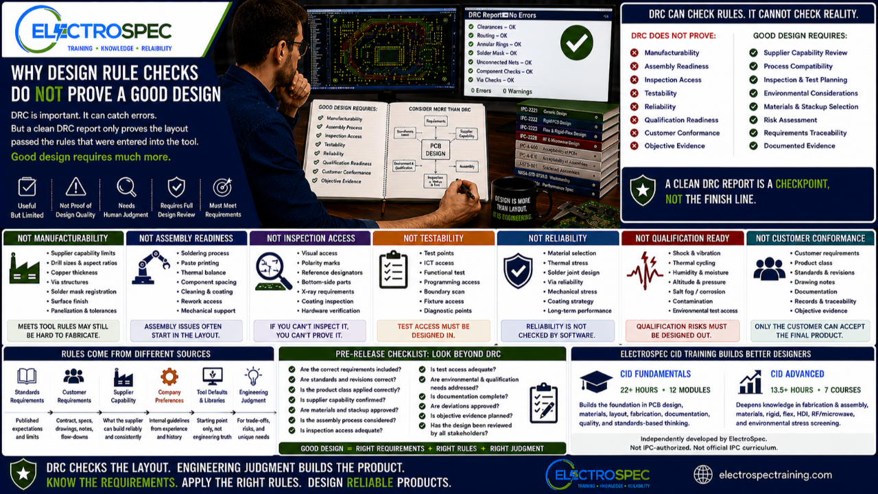 PCB designer reviewing ECAD design rule checks, standards requirements, supplier capability, manufacturing constraints, inspection access, testability, and reliability before PCB layout release