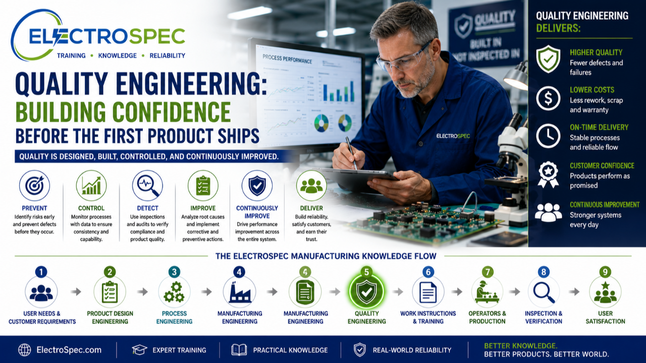 Quality engineer reviewing process data and electronics assemblies in a manufacturing facility.