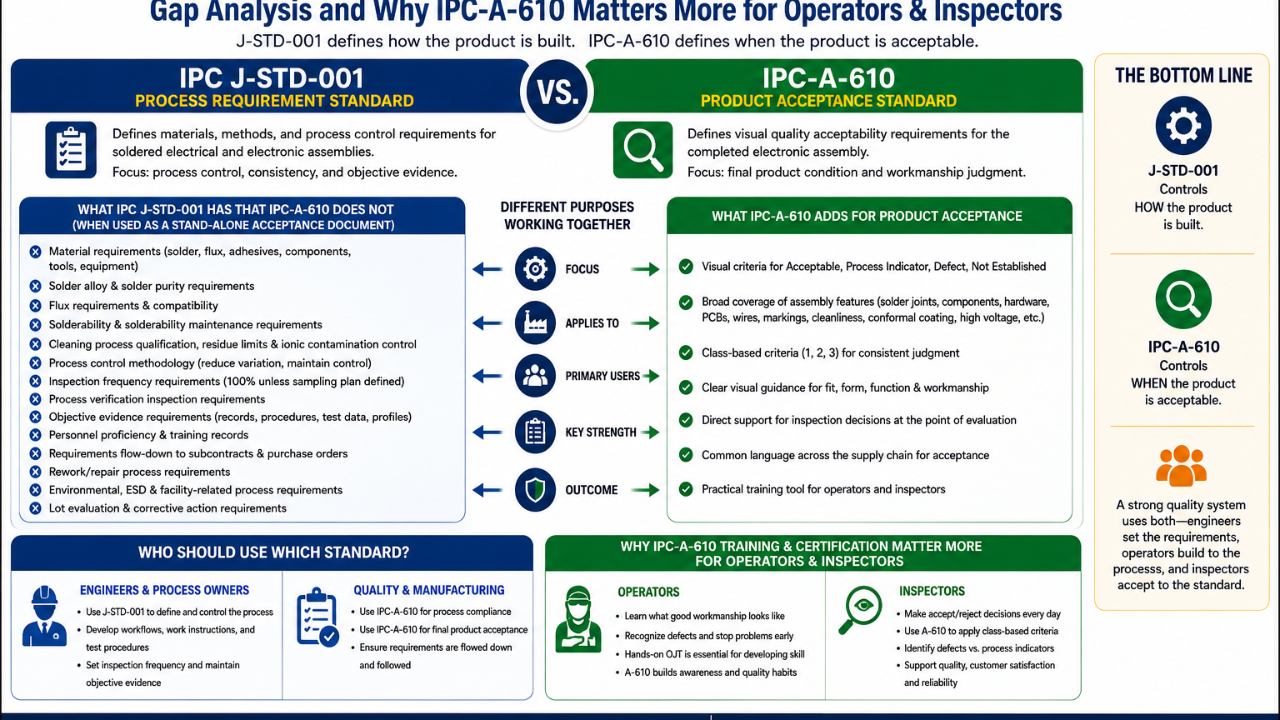 Infographic comparing IPC-A-610 product acceptance training with IPC J-STD-001 process requirement controls for electronics manufacturing.