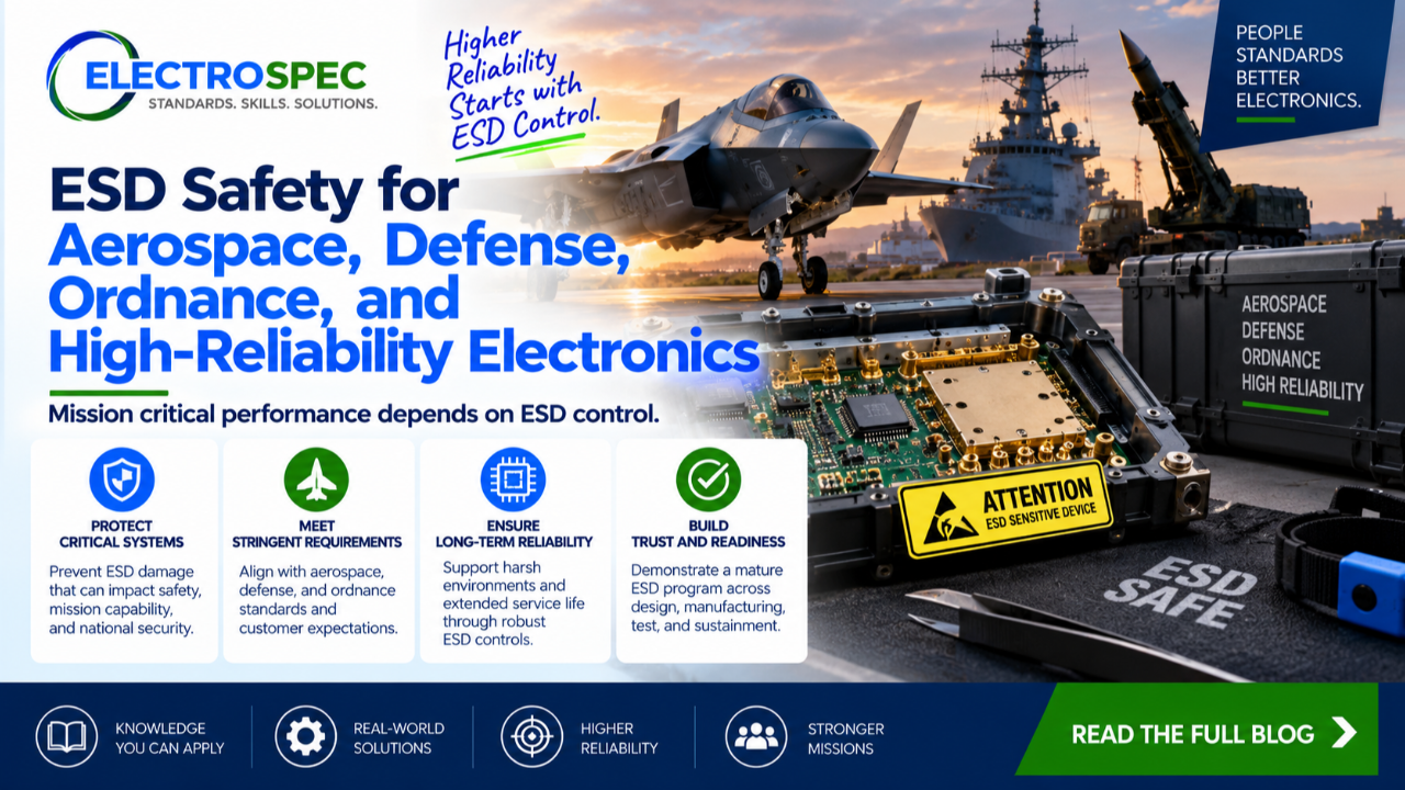 High-reliability ESD safety scene with aerospace defense electronics, protected workstation, ESD warning signs, quality documentation, and controlled handling procedures