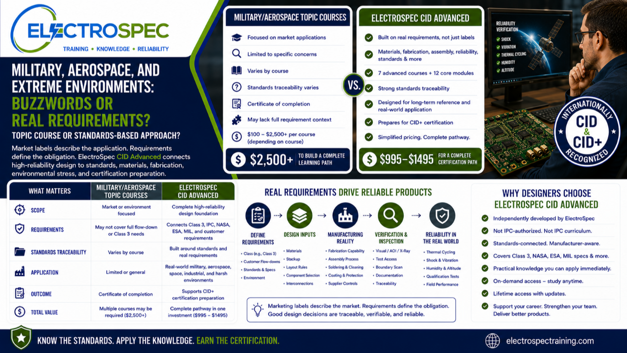 PCB designer comparing military and aerospace PCB topic courses with ElectroSpec CID Advanced standards-based high-reliability certification training