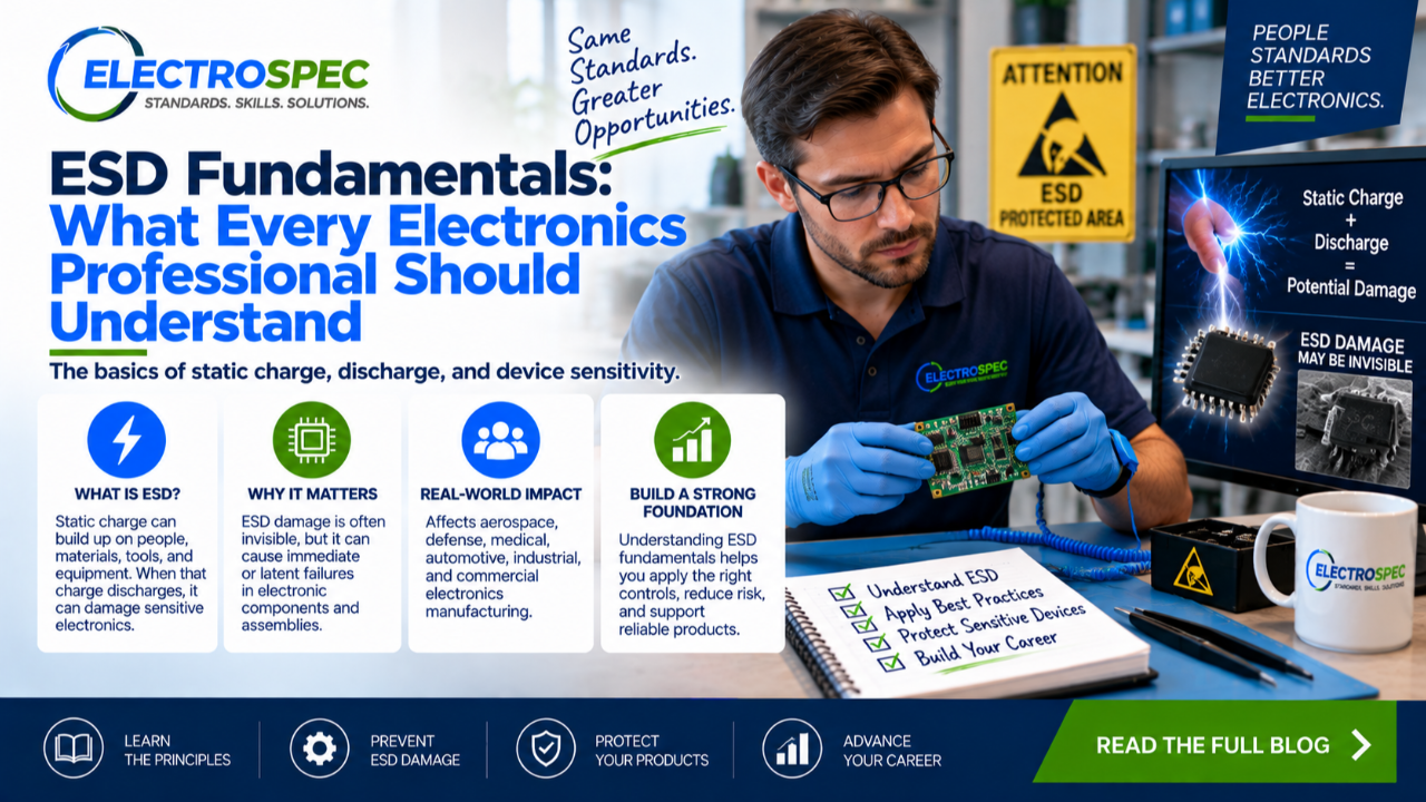 Electronics student learning ESD fundamentals with static charge icons, sensitive components, protected workstation, grounding strap, and circuit board handling
