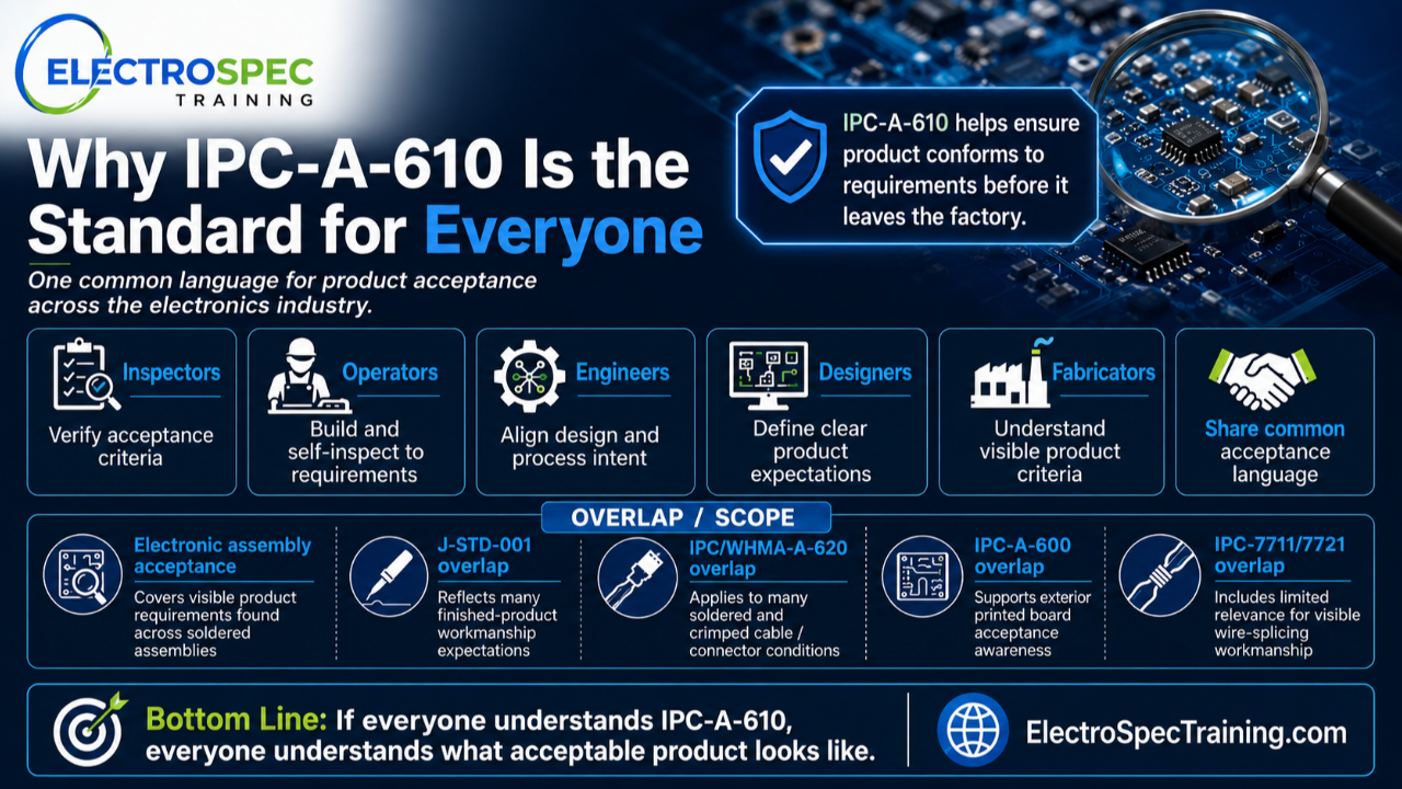 IPC-A-610 certification, IPC-A-610 training, IPC standards, electronics manufacturing training, electronic assembly acceptance, IPC inspector training, IPC operator training, product acceptance criteria, J-STD-001, IPC 620, IPC-A-600, IPC 7711 7721, Class 3 inspection, OJT training