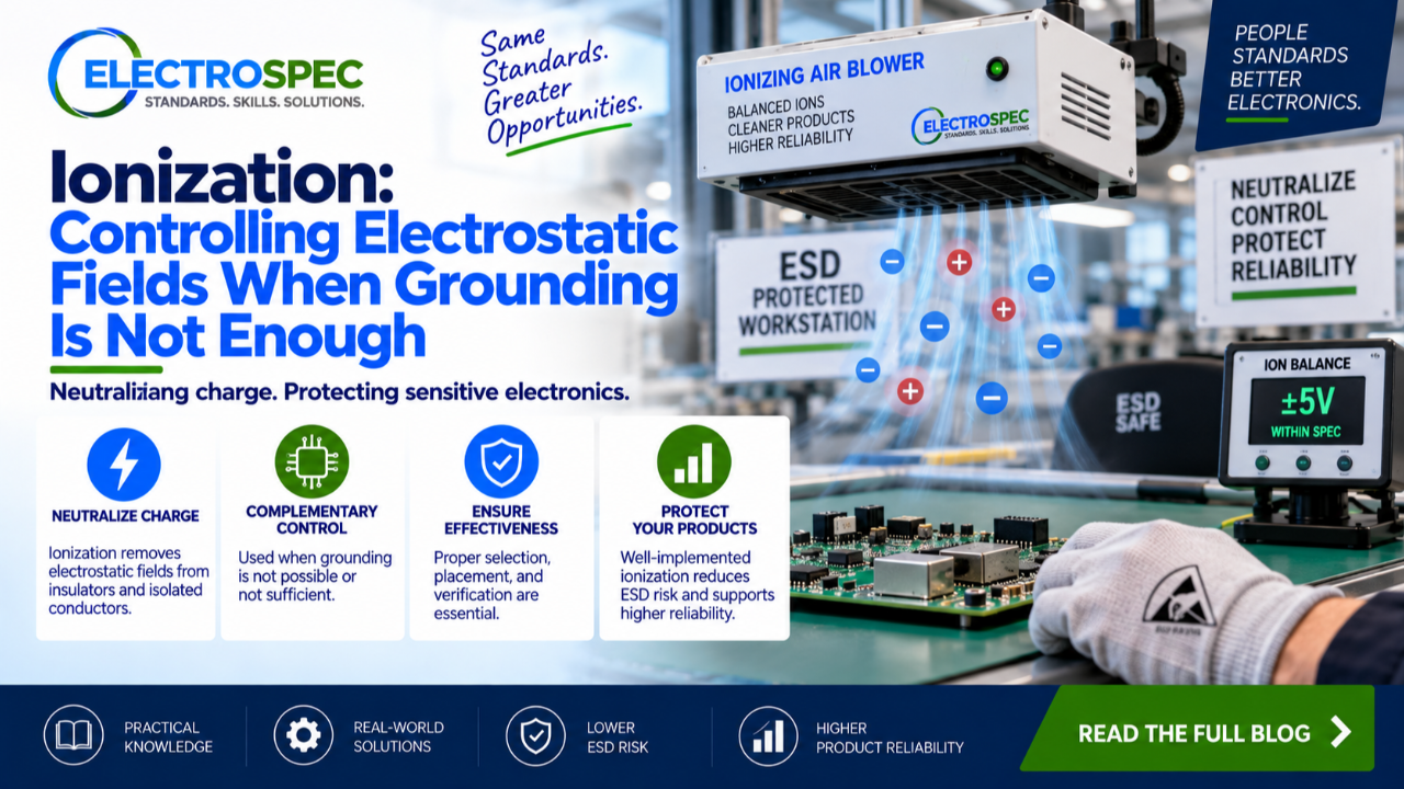 ESD workstation with ionizer neutralizing electrostatic fields near insulative materials, sensitive circuit boards, grounding controls, and verification checklist