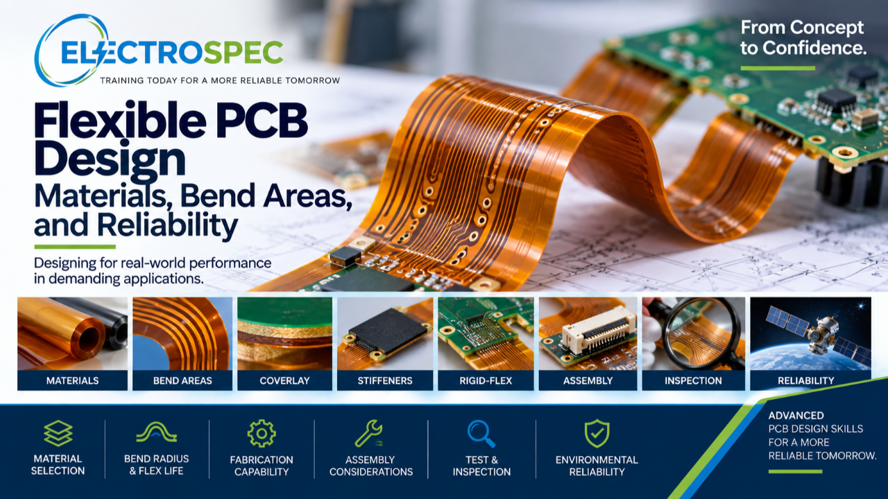 PCB designer reviewing flexible PCB design considerations including materials, bend radius, coverlay, stiffeners, copper, fabrication, assembly, inspection, and reliability