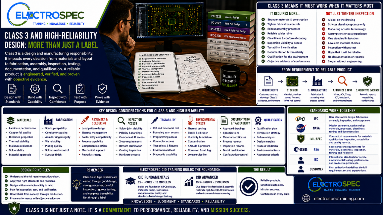 PCB designer reviewing Class 3 high-reliability design requirements including materials, fabrication, assembly, inspection, testing, qualification, documentation, and standards traceability