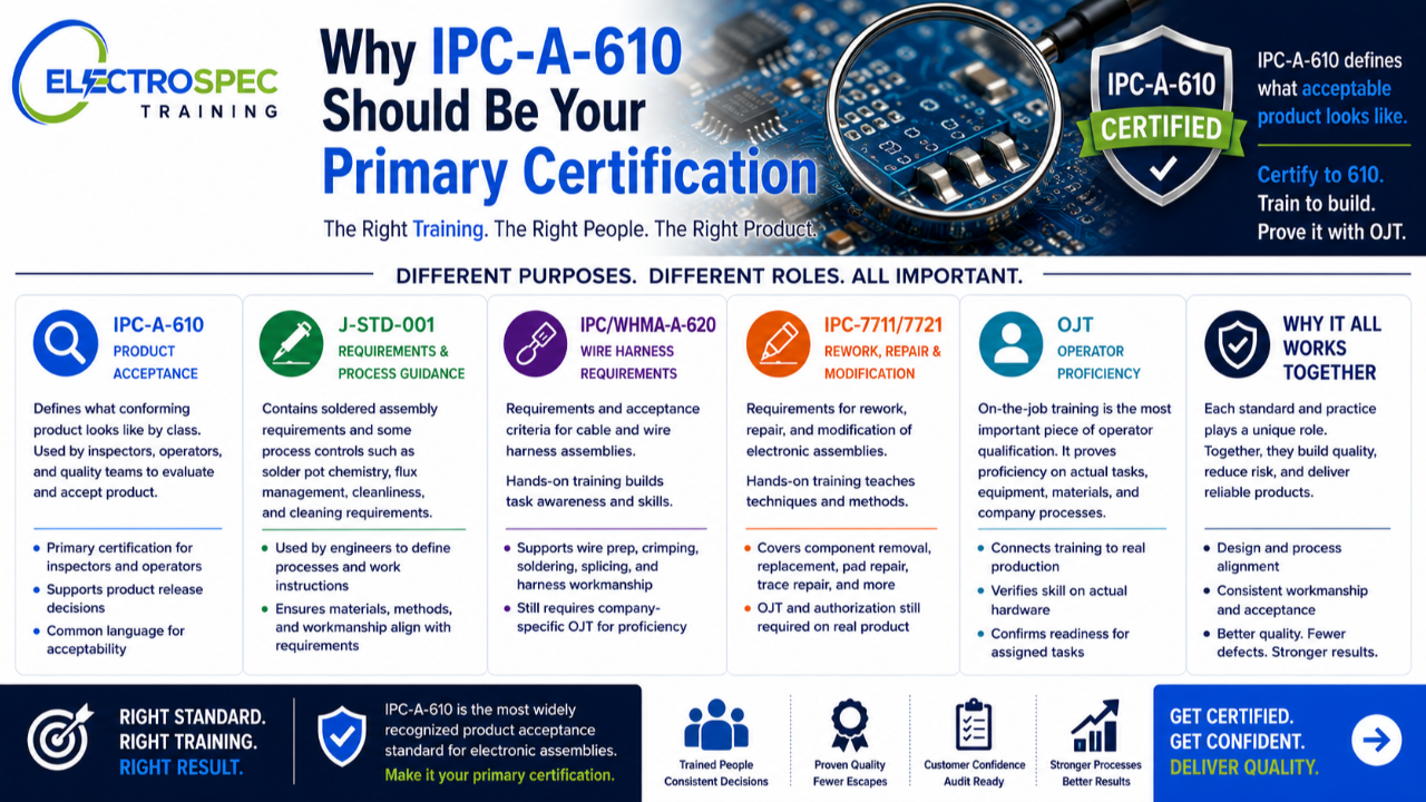 IPC-A-610 certification training for inspectors, operators, and production quality teams in electronics manufacturing.