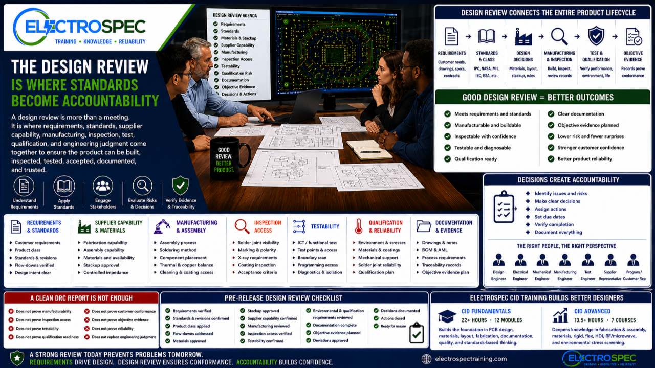 PCB design team reviewing standards, requirements, supplier capability, manufacturing readiness, inspection access, testability, qualification risk, and objective evidence before PCB release