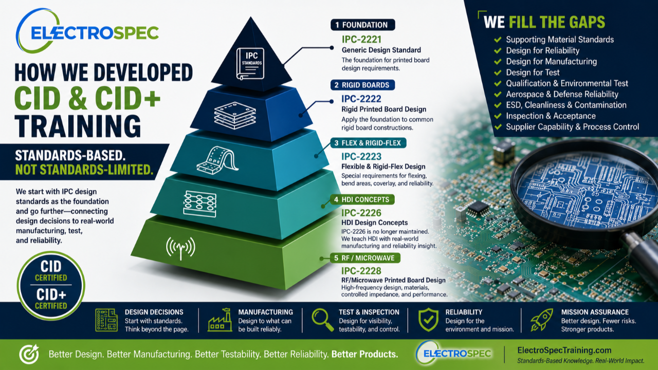 ElectroSpec CID and CID+ PCB design training built around IPC-2221, IPC-2222, IPC-2223, IPC-2228, material standards, aerospace reliability, design for manufacturing, and design for test.