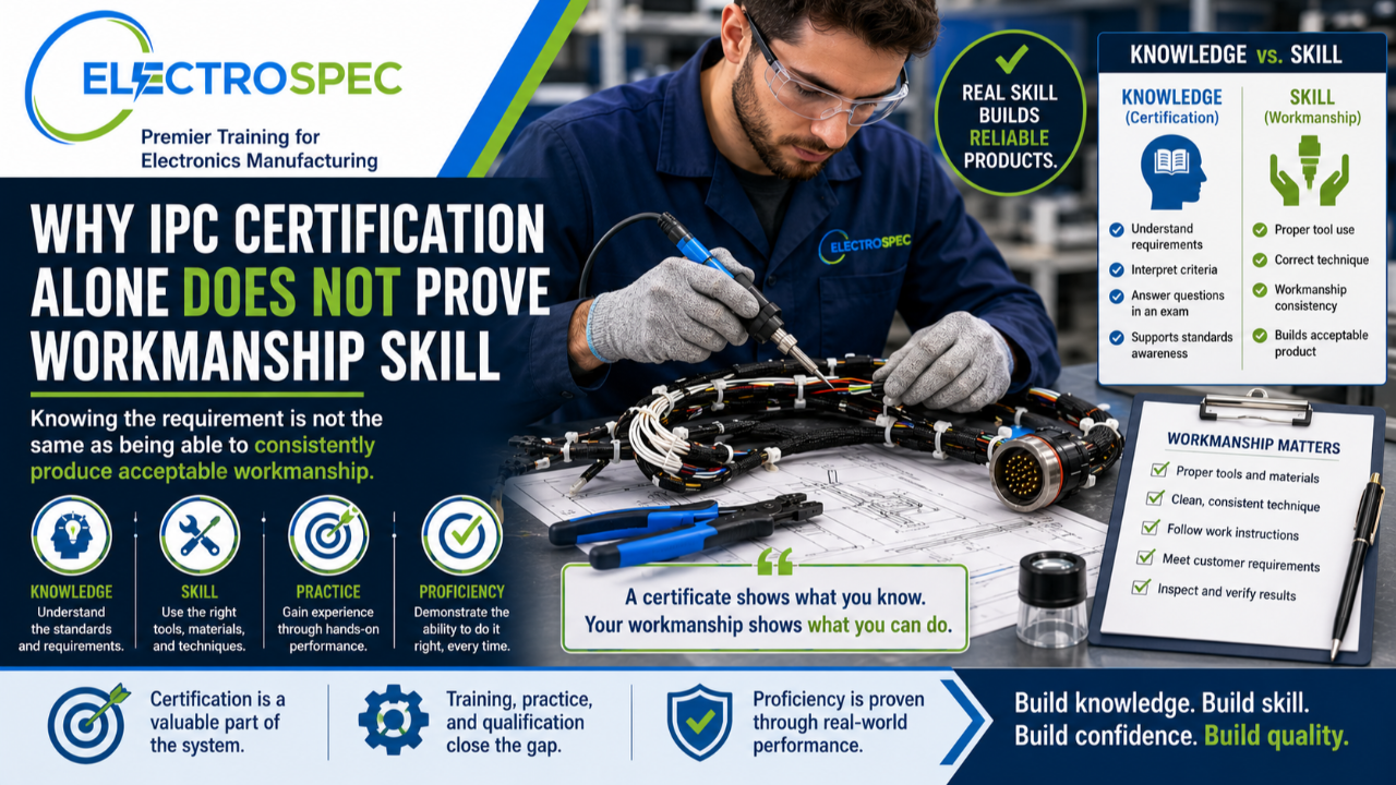 Electronics technician demonstrating cable harness workmanship skill with tools, drawings, and inspection criteria