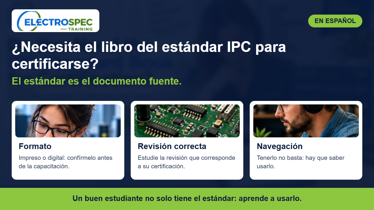Estándar IPC abierto sobre una mesa de trabajo junto a una tarjeta electrónica