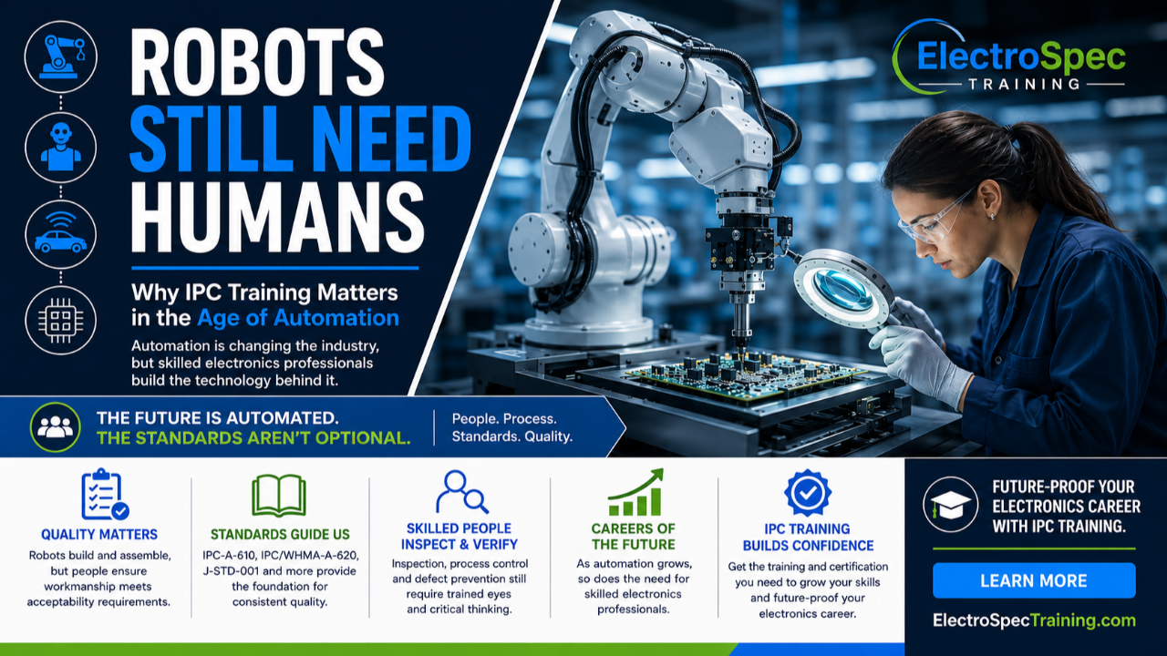 Automation, humanoids, robotics, and autonomous vehicles are changing electronics manufacturing, but skilled people are still essential. IPC training helps build the workforce behind the technology.