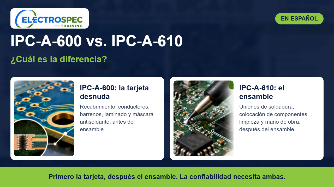 Inspector revisando una tarjeta de circuito impreso con aumento, comparando criterios IPC-A-600 e IPC-A-610