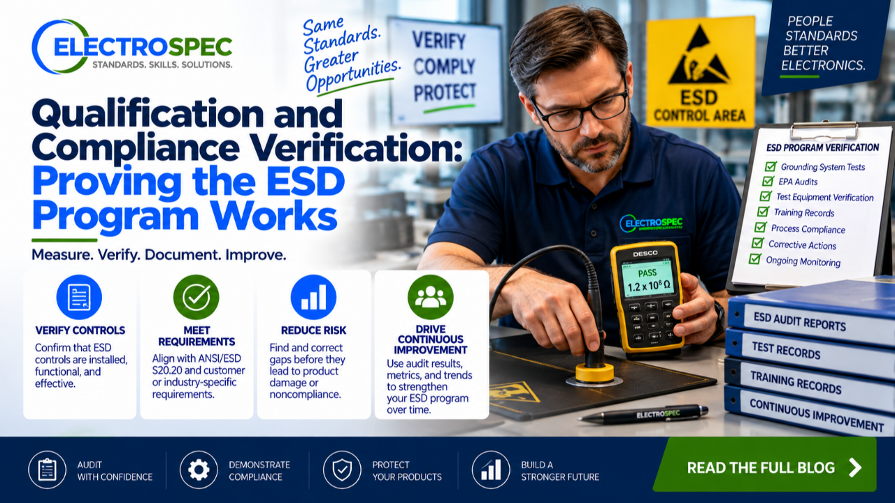 ESD compliance verification scene with technician testing wrist strap, floor, worksurface, packaging, ionizer, and recording audit results for an ESD program