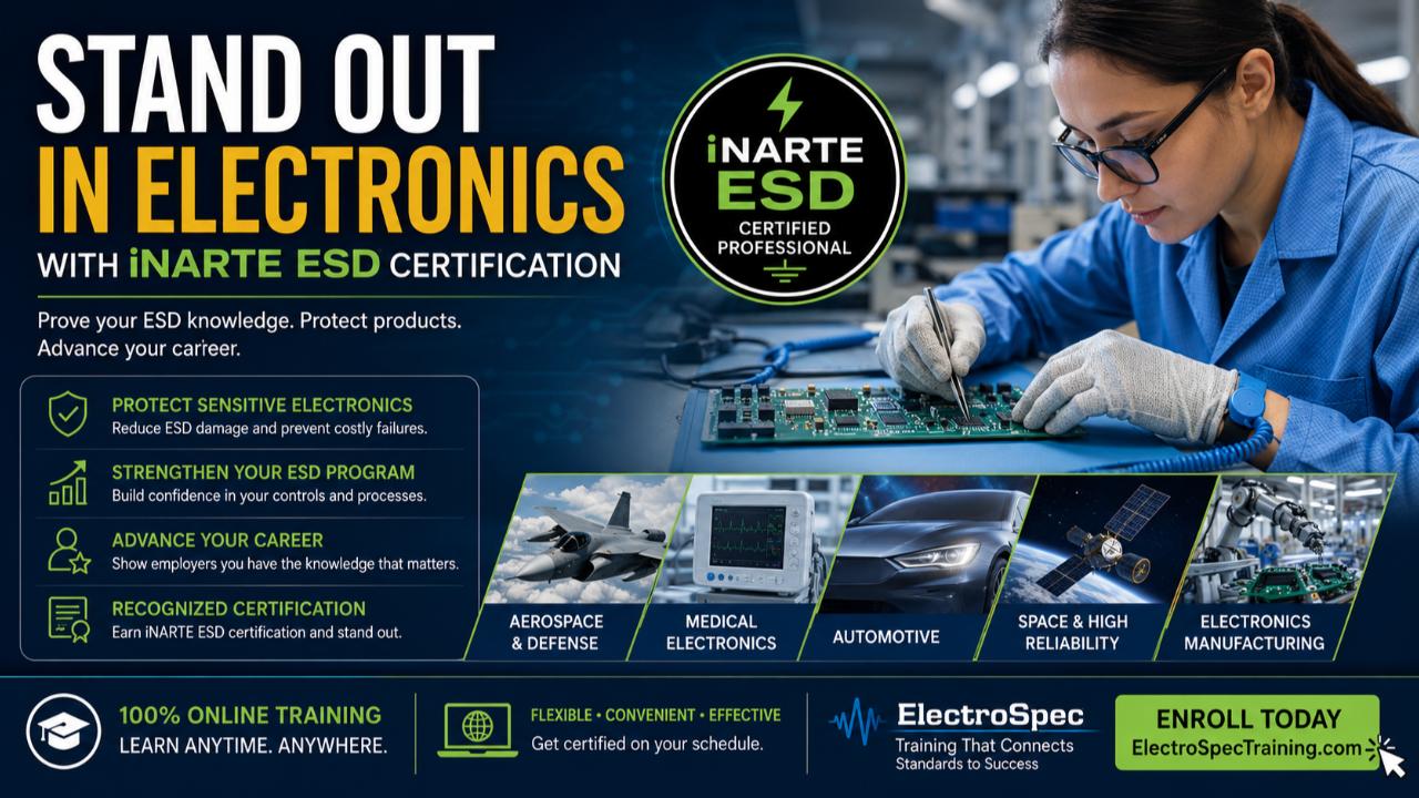 iNARTE ESD certification training for electronics manufacturing, ESD control, quality, test, and high-reliability production.