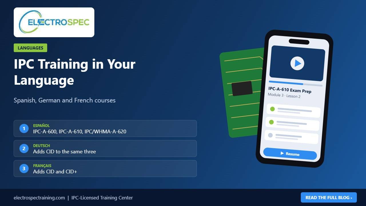 IPC training course screens in Spanish, German and French side by side