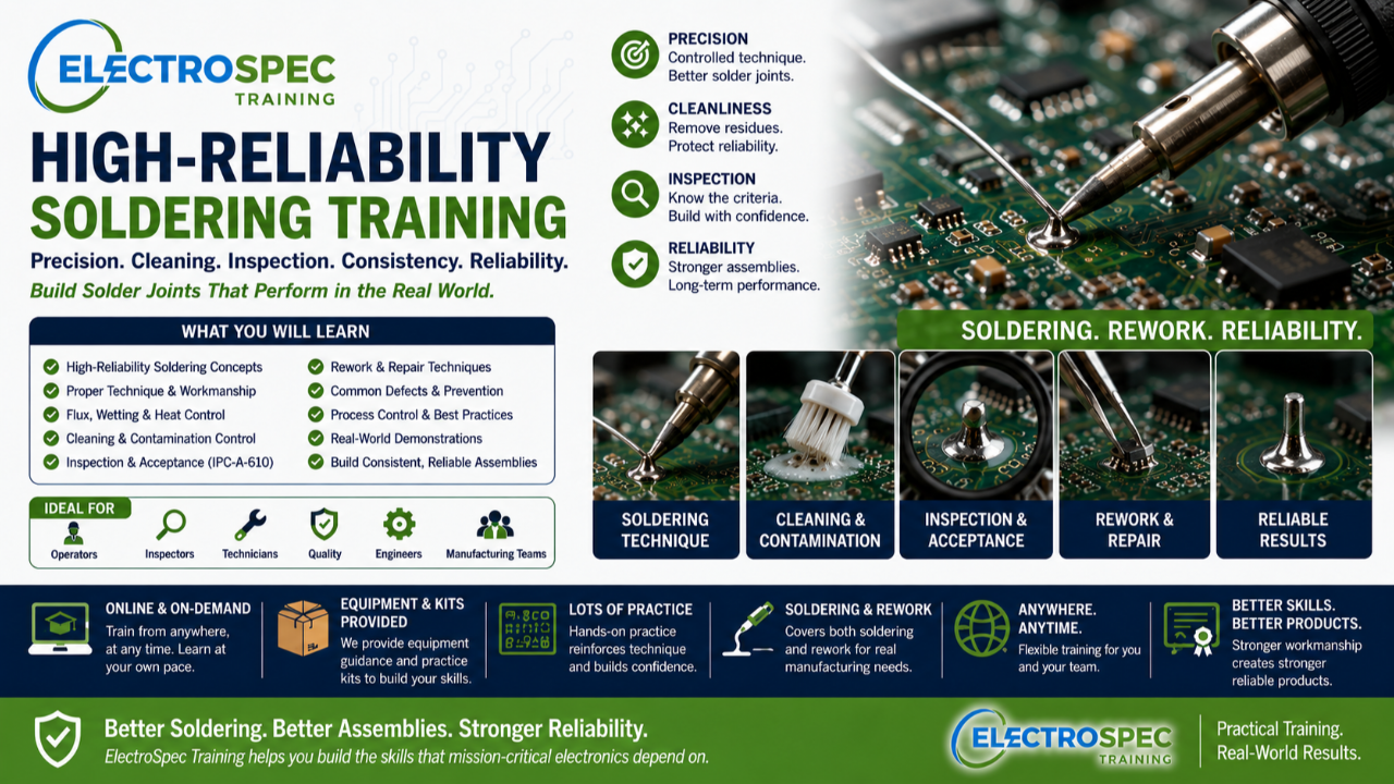 High-reliability soldering training for electronics manufacturing, showing precision soldering, cleaning, inspection, rework, repair, and reliable electronic assemblies.