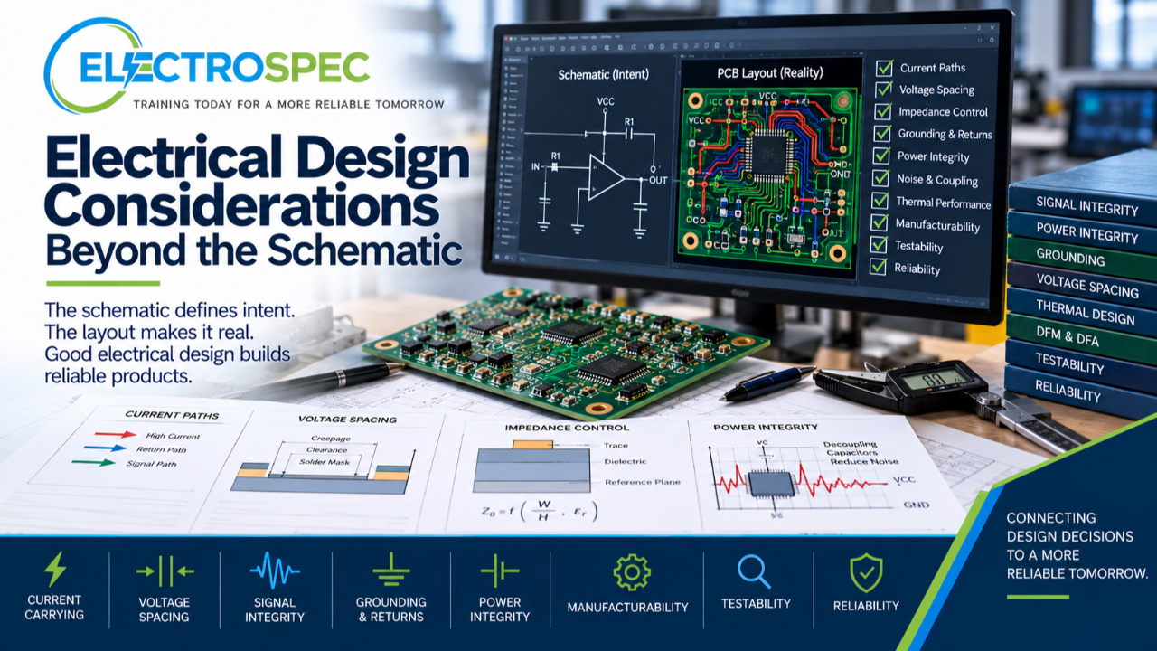 PCB designer reviewing electrical design considerations including current paths, voltage spacing, impedance, grounding, noise, power integrity, PCB layout, and reliability