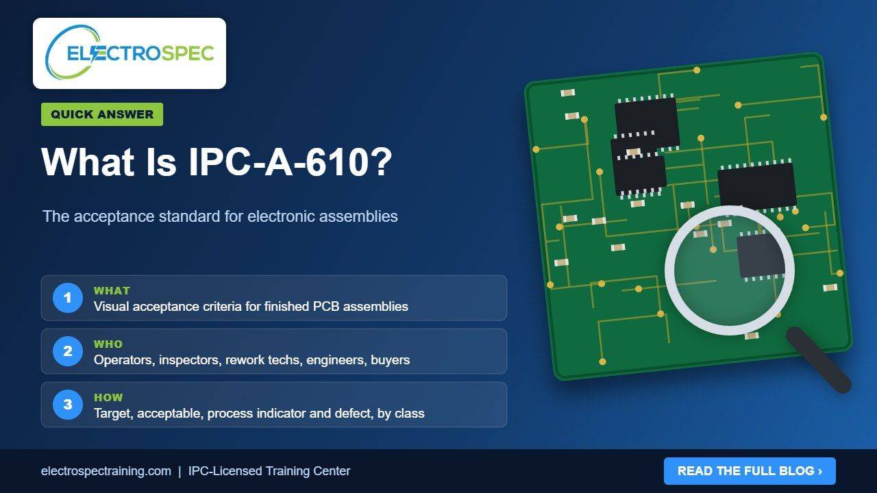 Inspector examining a printed circuit board assembly under magnification using IPC-A-610 acceptance criteria
