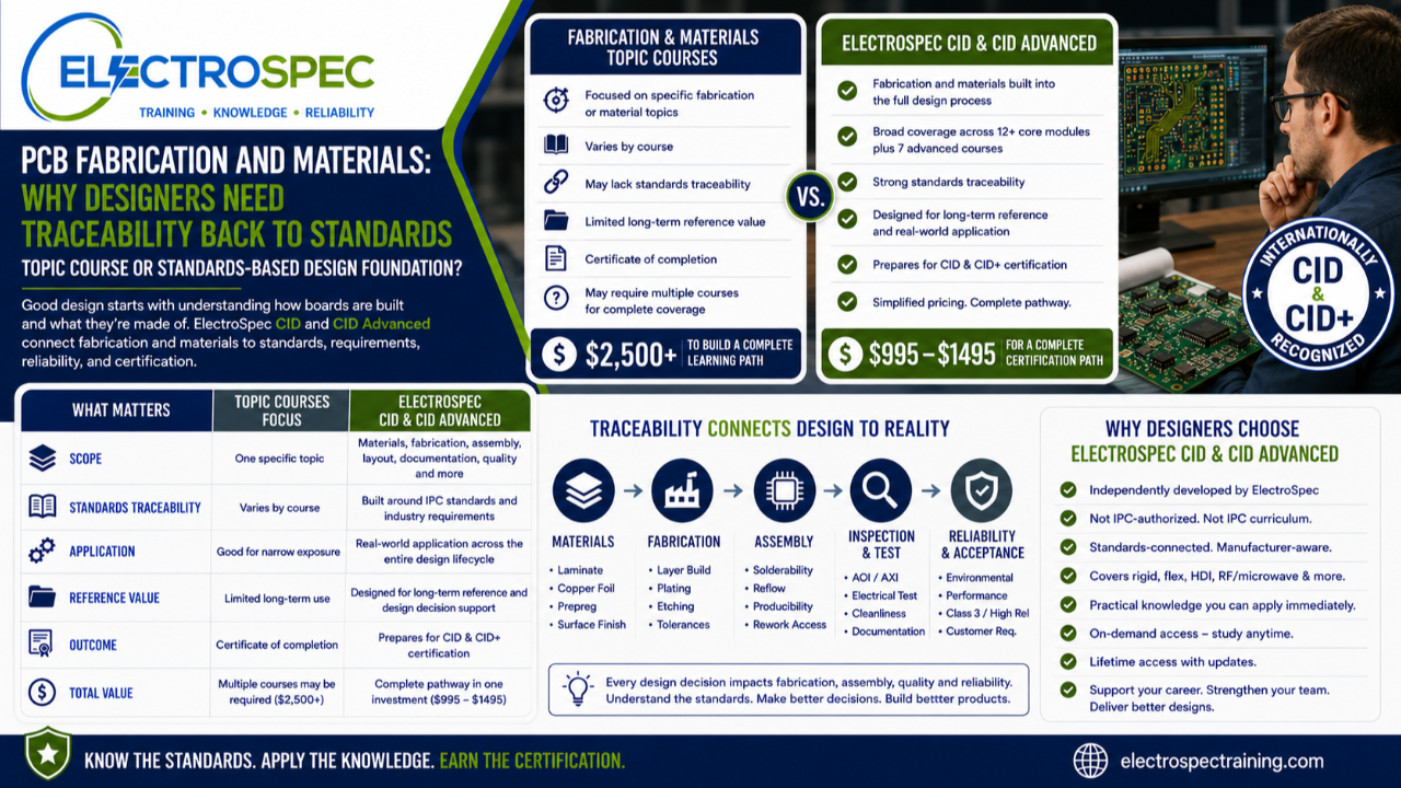 PCB designer comparing fabrication and materials topic courses with ElectroSpec CID and CID Advanced standards-based certification training