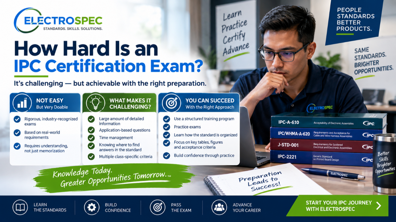 Student preparing for an IPC certification exam with standards, practice questions, online training, exam checklist, and electronics manufacturing examples