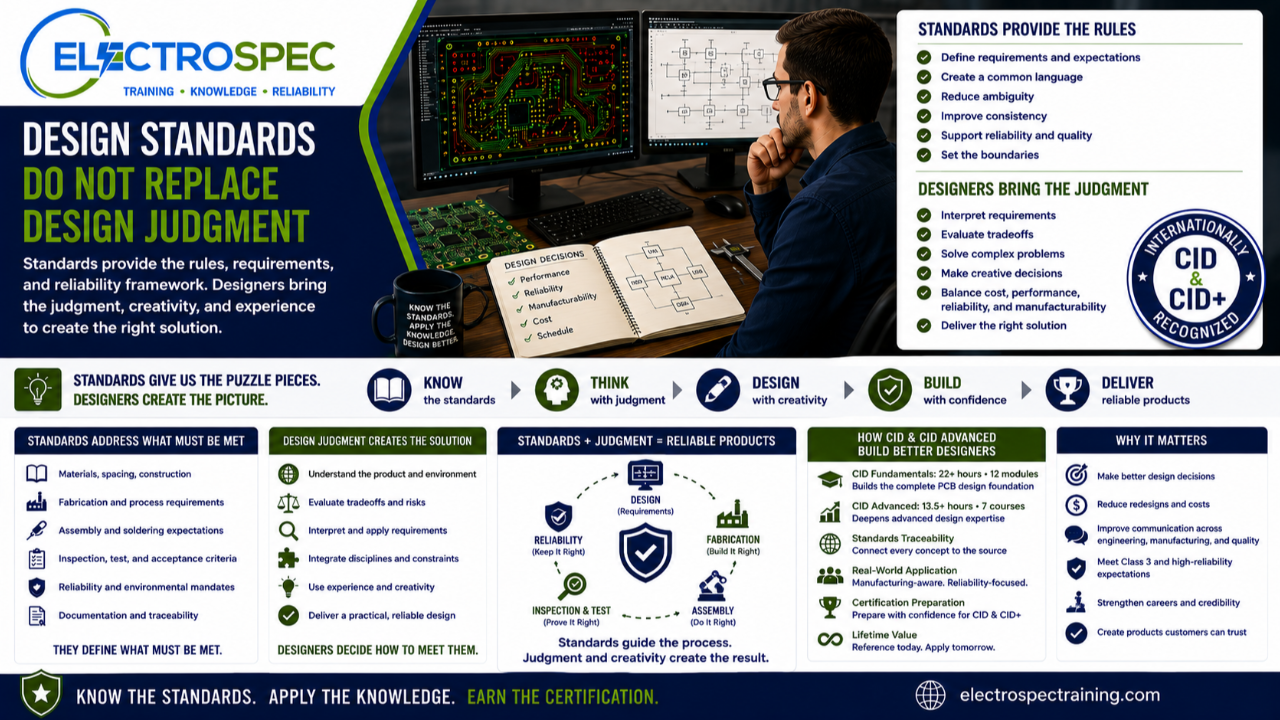 PCB designer reviewing design standards, requirements, PCB layout, materials, and manufacturing constraints while making engineering design decisions