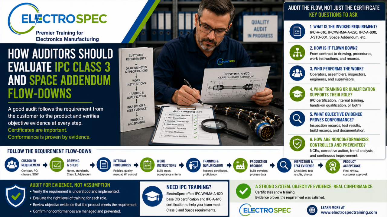 Quality auditor reviewing IPC Class 3 and Space Addendum flow-down requirements, work instructions, training records, and inspection evidence